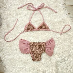 Kids Pink Leopard Print Bikini Set With Triangle Top and Ruffle Side Bottoms